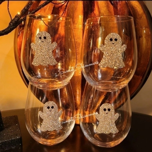 2pc Halloween GHOST Silver Crystal Rhinestone Stemless Wine Glass Set New - Picture 7 of 8